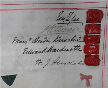 HERSCHEL, WILLIAM JAMES. Vellum Document Signed, W.J. Herschel, transferring the mortgage of the Hurst Estate in the Parish of Potter